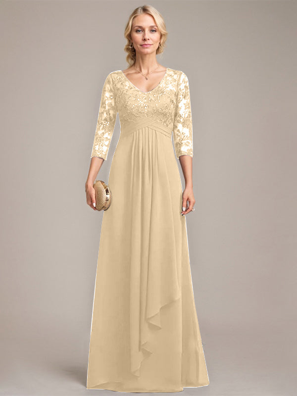 Vestido de novia de corte línea A, escote en V, largo hasta el suelo, de gasa de encaje con volantes en cascada y lentejuelas. 