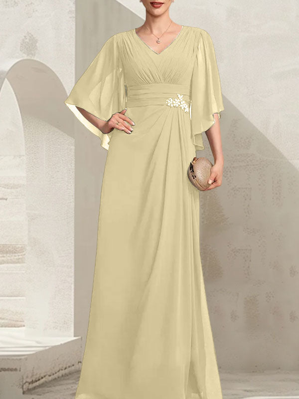 Vestido de corte recto/columna, escote en V, largo hasta el suelo, de gasa, para la madre de la novia, con lentejuelas plisadas y pedrería.