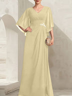 Vestido de corte recto/columna, escote en V, largo hasta el suelo, de gasa, para la madre de la novia, con lentejuelas plisadas y pedrería.