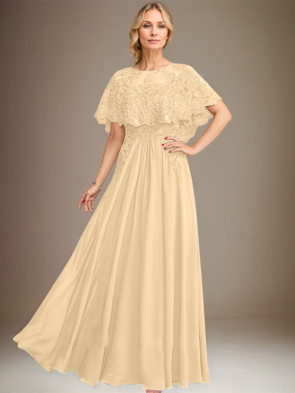 Robe de mère de la mariée en mousseline de soie dentelle, coupe trapèze, col bateau, longueur au sol, ornée d'appliqués de sequins 