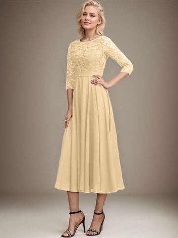 A-line Scoop Tea-Length Lace Chiffon Mother of the Bride Dress With Sequins