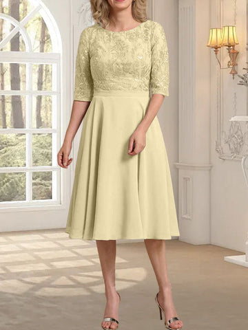 A-line Scoop Knee-Length Lace Chiffon Mother of the Bride Dress