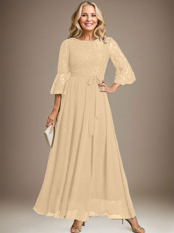 A-line Scoop Ankle-Length Lace Chiffon Mother of the Bride Dress With Bow
