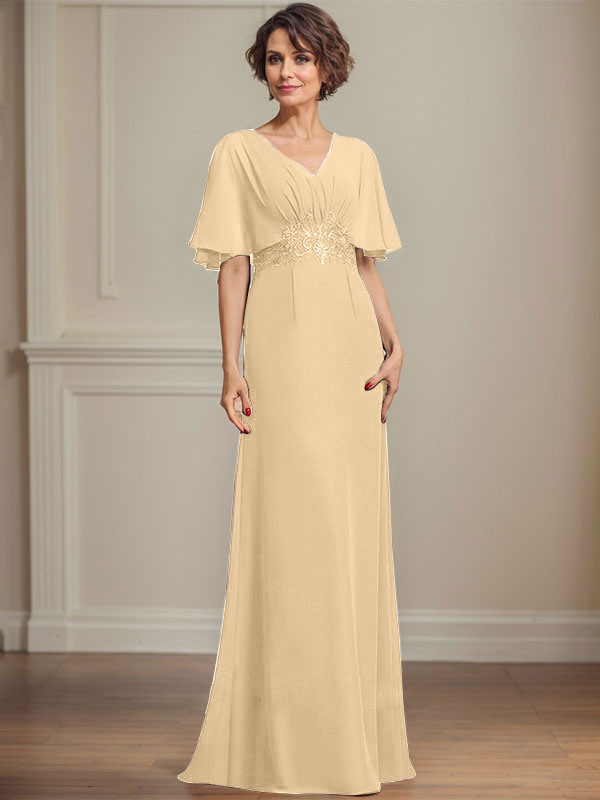 Vestido de corte A, escote en V, largo hasta el suelo, de gasa, para la madre de la novia, con apliques de lentejuelas plisadas y encaje.
