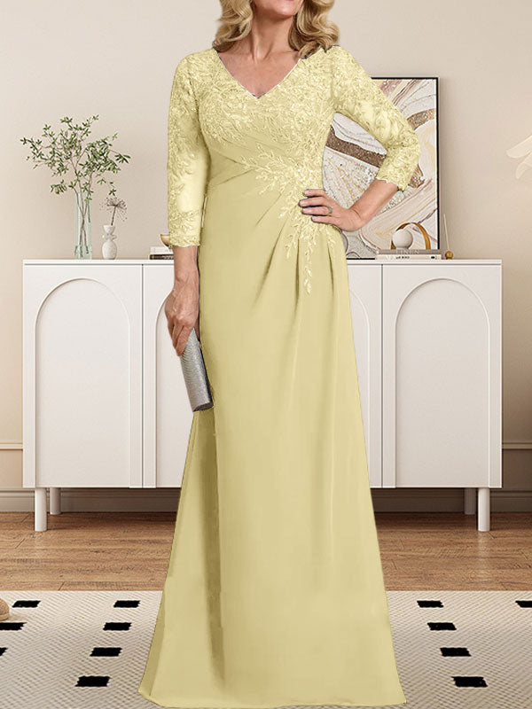 Vestido de novia de corte recto/columna, escote en V ilusión, largo hasta el suelo, de gasa de encaje con lentejuelas plisadas. 