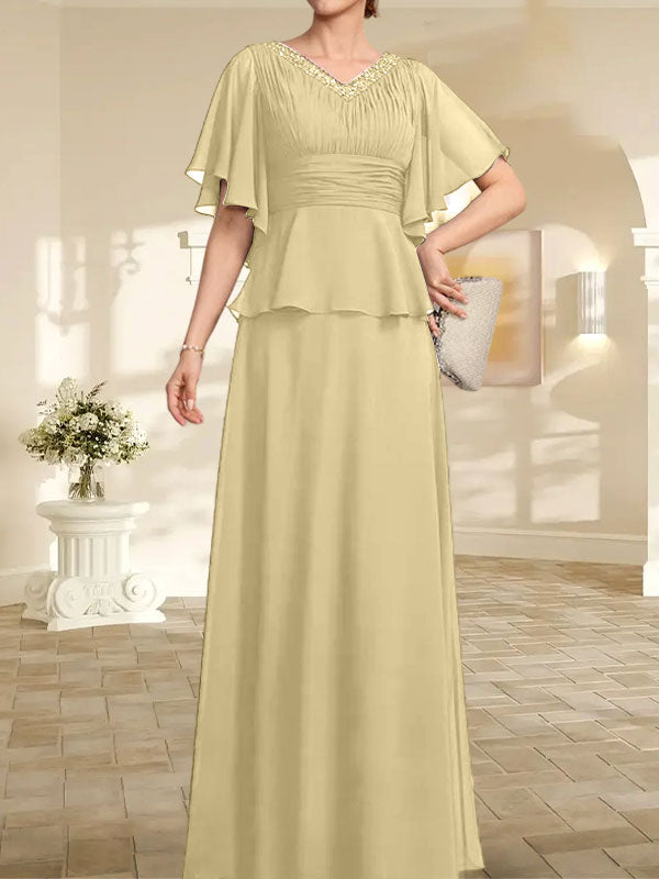 Vestido de gasa de corte A, escote en V, largo hasta el suelo, para la madre de la novia, con plisados ​​y cuentas.
