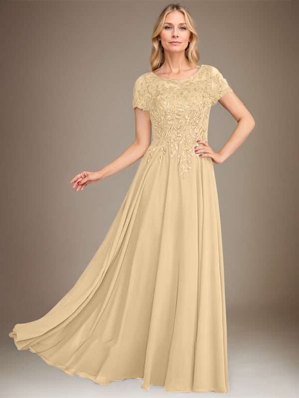 Vestido de corte A, escote redondo, largo hasta el suelo, de gasa, para la madre de la novia, con apliques y lentejuelas. 