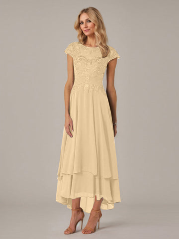 A-line Boat Neck Illusion Asymmetrical Chiffon Lace Mother of the Bride Dress With Applique Pleats