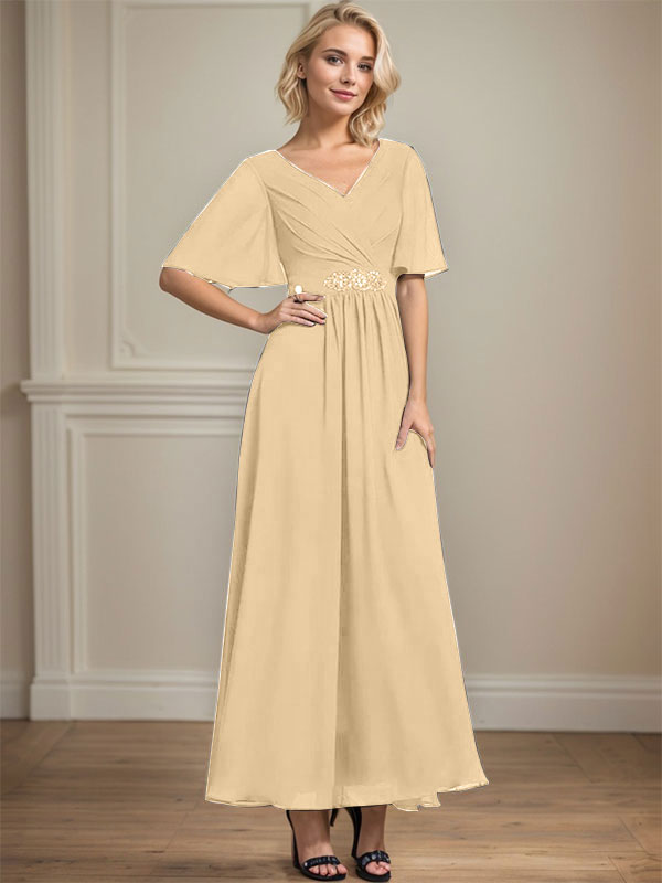 Vestido de gasa de corte A, escote en V, largo hasta el tobillo, para la madre de la novia, con lentejuelas y cuentas plisadas.