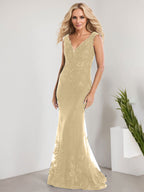 Vestido de sirena para la madre de la novia, corte sirena, escote en V, largo hasta el suelo, de gasa de encaje con apliques de lentejuelas. 