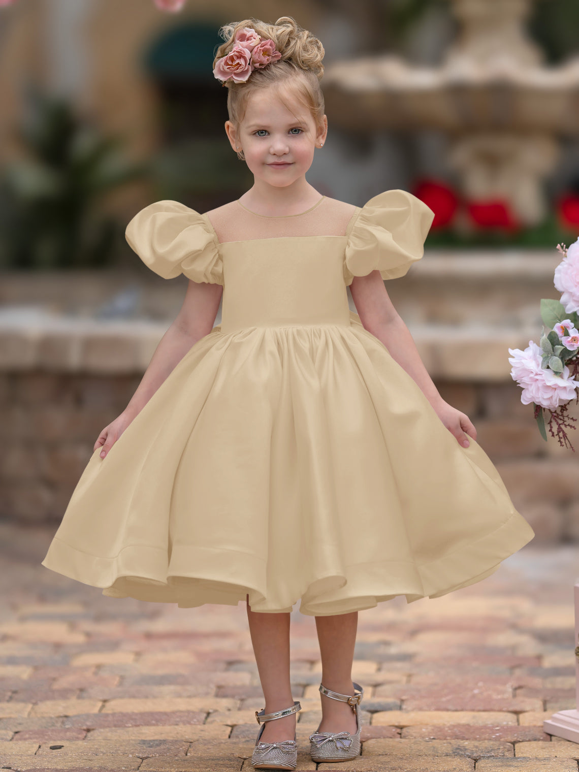 Vestido de princesa/vestido de princesa de satén hasta la rodilla para niña de las flores 