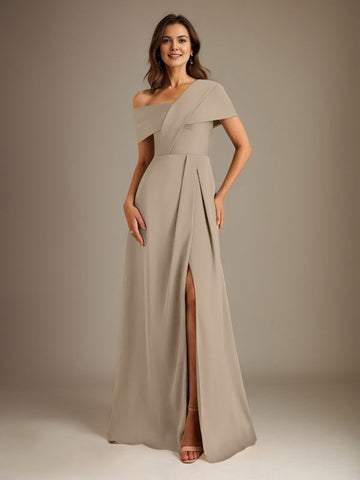 A-Line Asymmetrical Neckline Floor-Length Satin Mother of the Bride Dress With Pleated