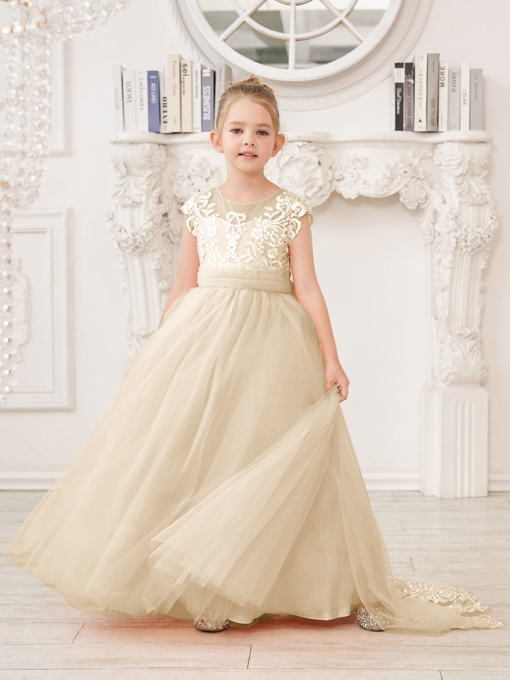 Vestido rosa de niña de las flores, corte en A, encaje, tul y cola corta 