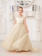 Vestido rosa de niña de las flores, corte en A, encaje, tul y cola corta 