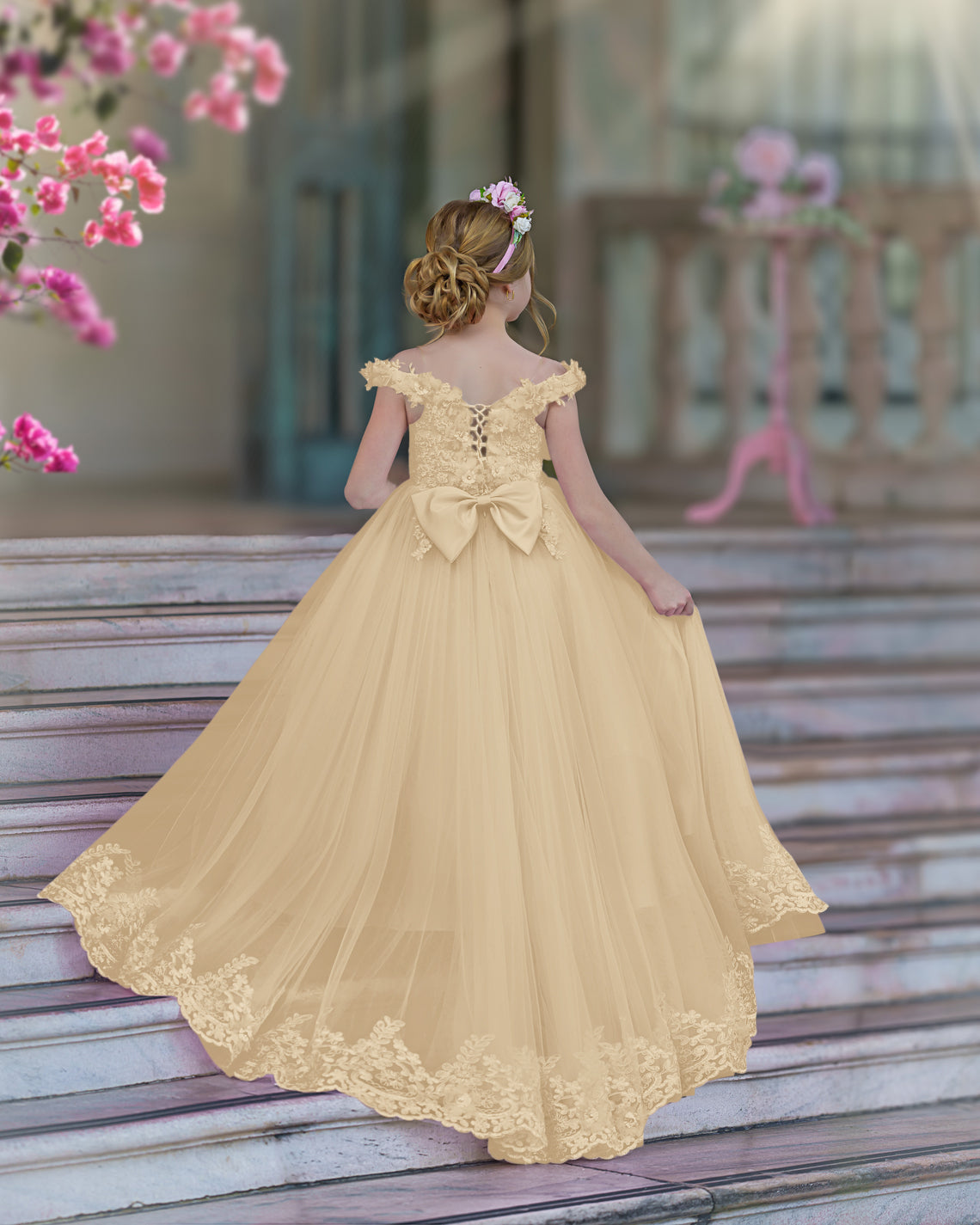Vestido de gala/princesa rosa con cola de encaje para cumpleaños 