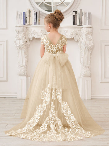 Vestido rosa de niña de las flores, corte en A, encaje, tul y cola corta 