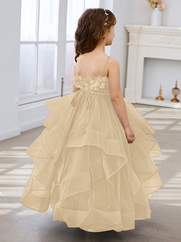 Vestido de niña de las flores de tul sin mangas, corte princesa, azul pizarra, corte en A, estilo princesa 