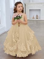 Vestido de princesa sin mangas de tul con apliques de encaje y cola corta para niñas 