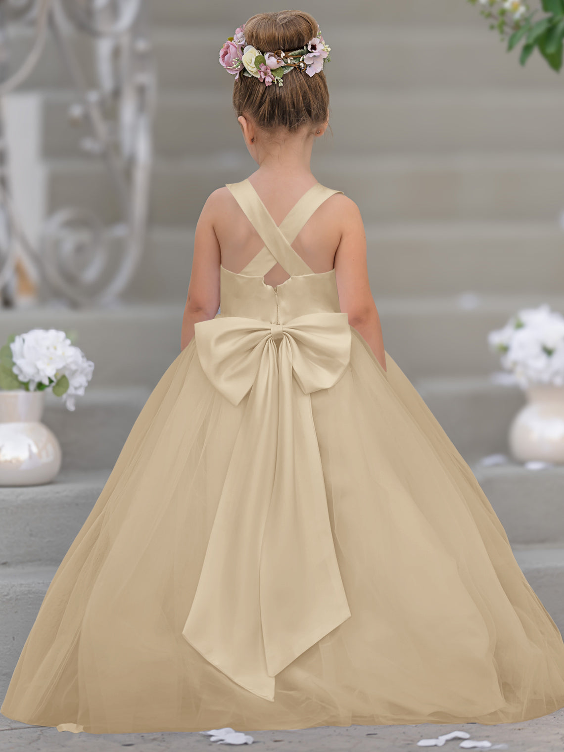 Vestido de niña de las flores clásico de corte en A sin mangas en satén y tul 