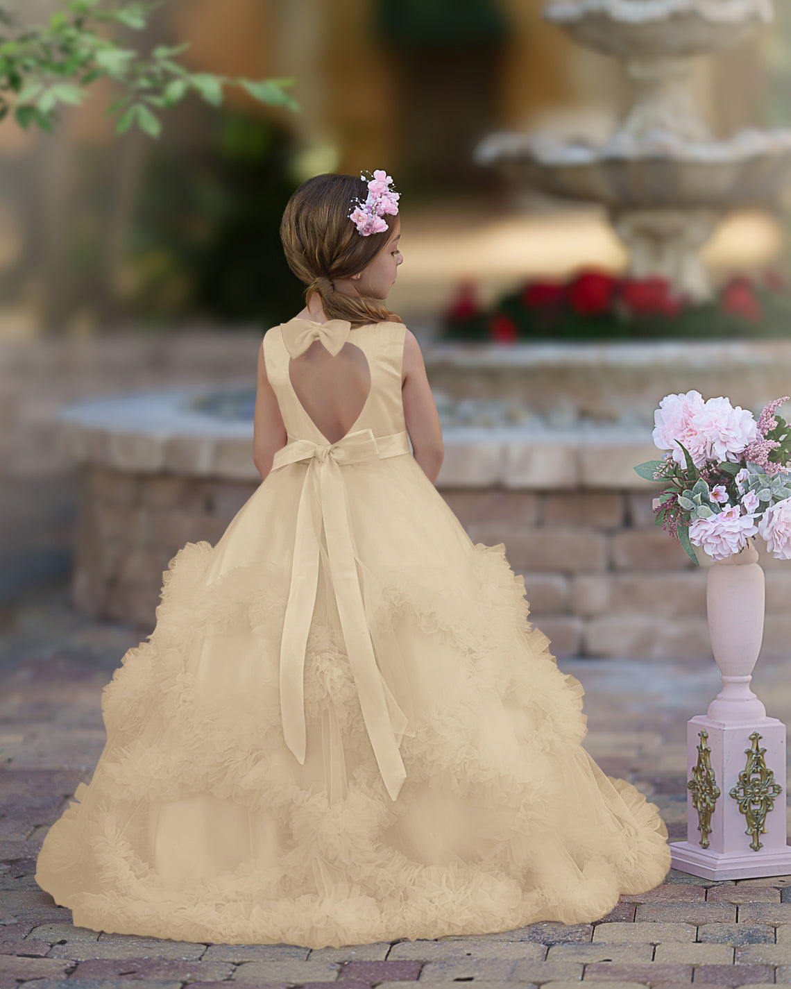 Vestido de niña de las flores de corte A, de satén y tul, hasta el suelo, con volantes en cascada. 
