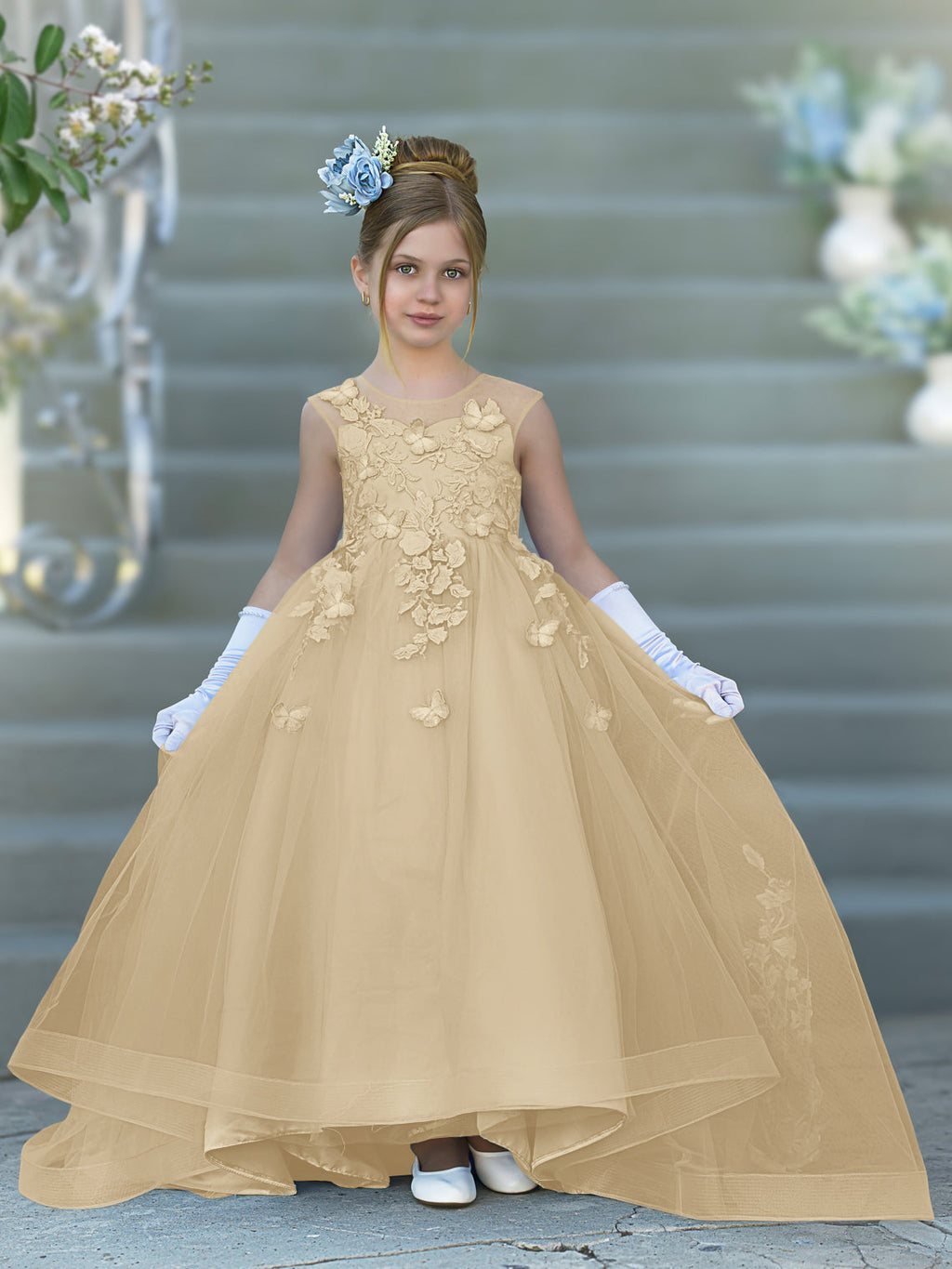 Vestido de baile de princesa Serenity con apliques de encaje y adornos de mariposas 