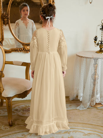 Robe de première communion ivoire en mousseline de soie, coupe trapèze, longueur au sol 