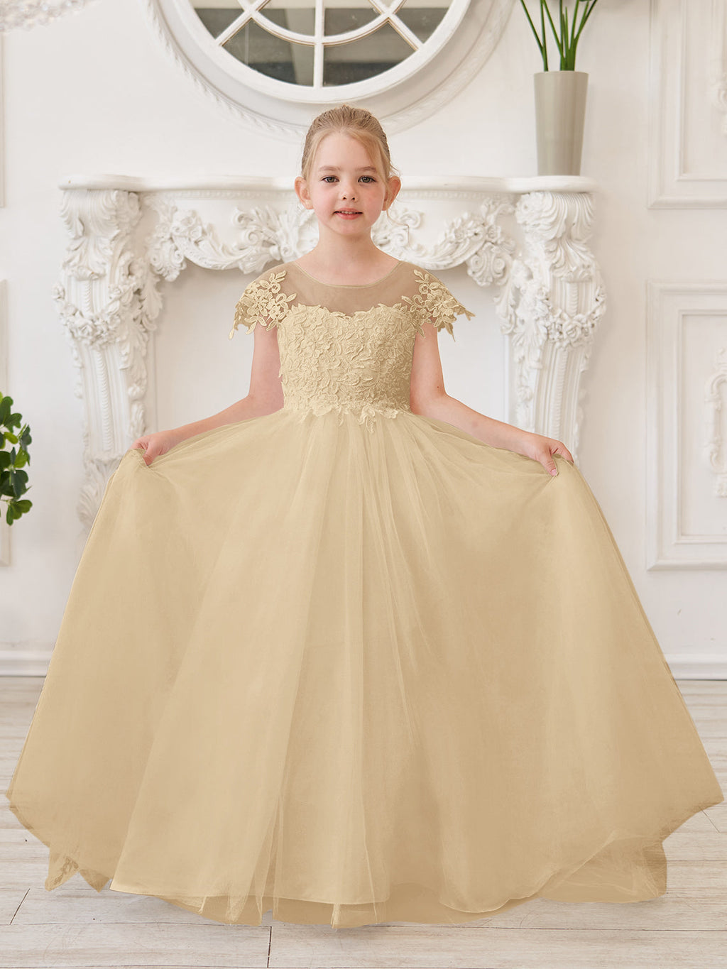 Vestido de niña de las flores para la Primera Comunión, color marfil, con cola desmontable estilo princesa. 