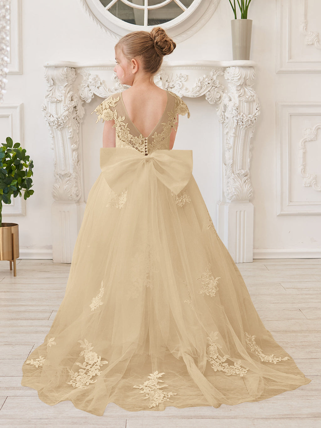 Vestido de niña de las flores para la Primera Comunión, color marfil, con cola desmontable estilo princesa. 