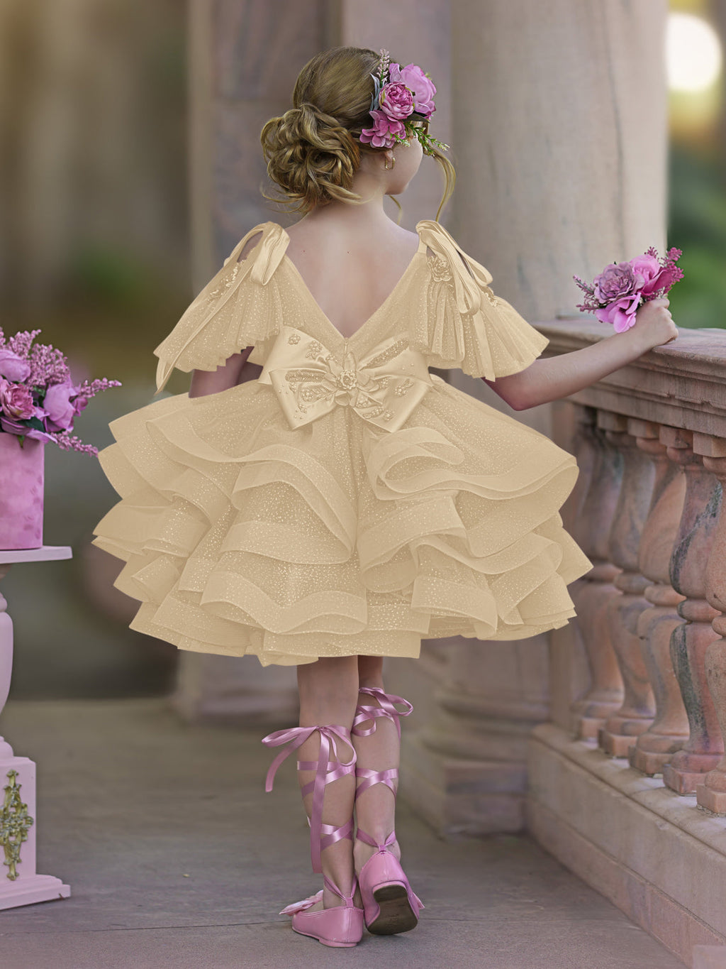 Vestido de princesa/vestido de tul hasta la rodilla para niña de las flores de cumpleaños 