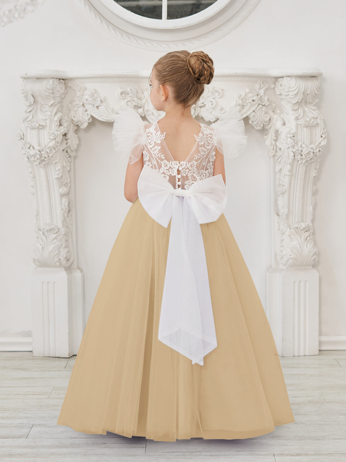 Vestido de niña de las flores con cola de tul y encaje desmontable