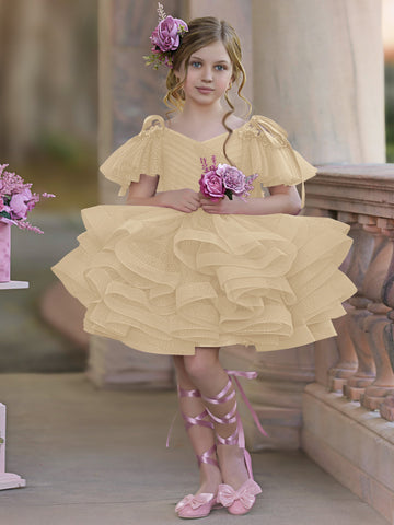 Vestido de princesa/vestido de tul hasta la rodilla para niña de las flores de cumpleaños 