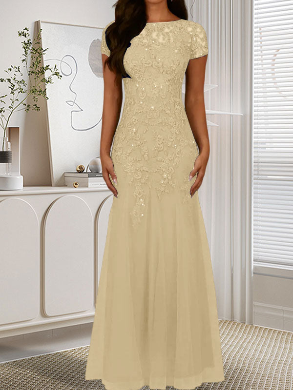 Robe sirène bleu marine foncé à sequins et tulle, décolleté rond, robe en tulle bleu marine foncé
