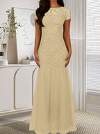 Robe sirène bleu marine foncé à sequins et tulle, décolleté rond, robe en tulle bleu marine foncé