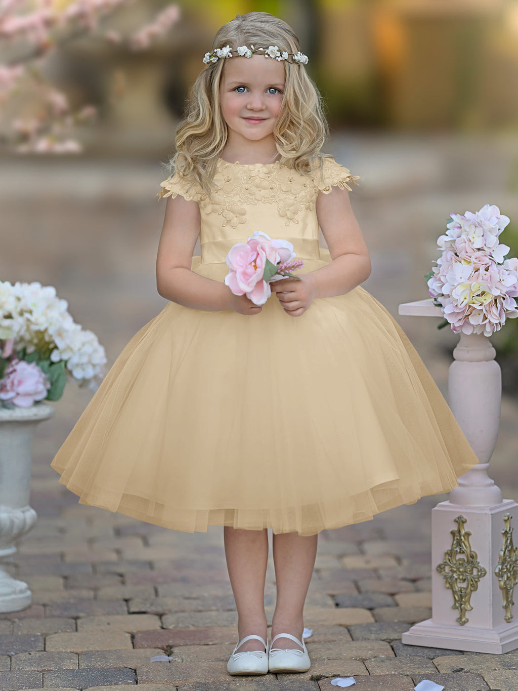 Vestido de niña de las flores de la Primera Comunión, color marfil, de tul satinado hasta la rodilla 