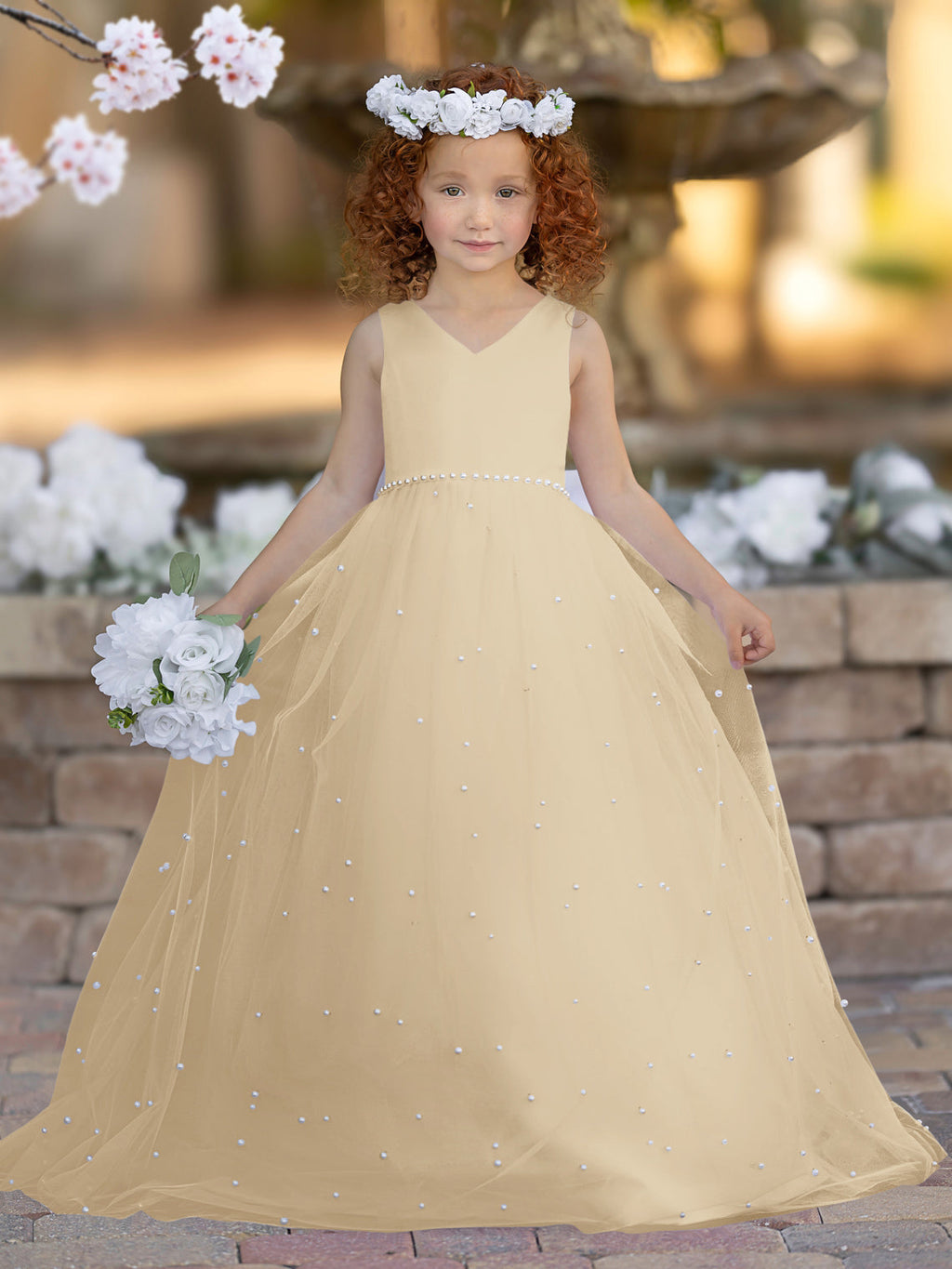 Elegante vestido de princesa de satén y tul para niña de las flores 