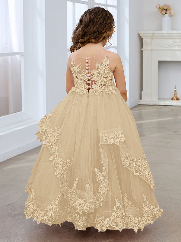 Vestido de princesa sin mangas de tul con apliques de encaje y cola corta para niñas 