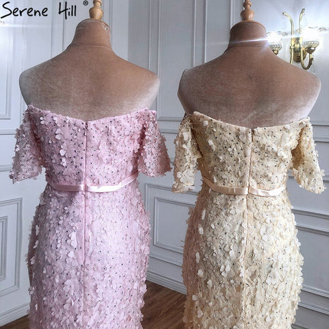 En oferta, sin devoluciones ni reembolsos. Vestido de cóctel sexy y elegante color champán, manga corta, con flores hechas a mano y cristales. Modelo 2025 LA60730 