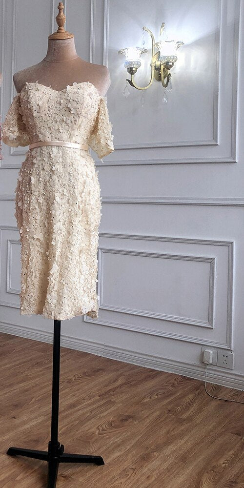 On Sale no return no refund Sale Champange Short Sleeves Sexy Elegant Cocktail Dress Handmade Flowers Crystal Cocktail Party Gowns 2025 LA60730