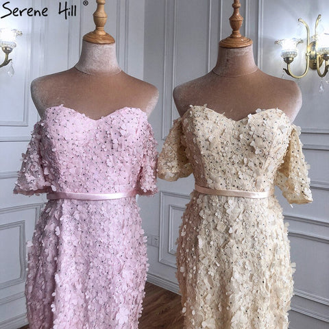 En oferta, sin devoluciones ni reembolsos. Vestido de cóctel sexy y elegante color champán, manga corta, con flores hechas a mano y cristales. Modelo 2025 LA60730 