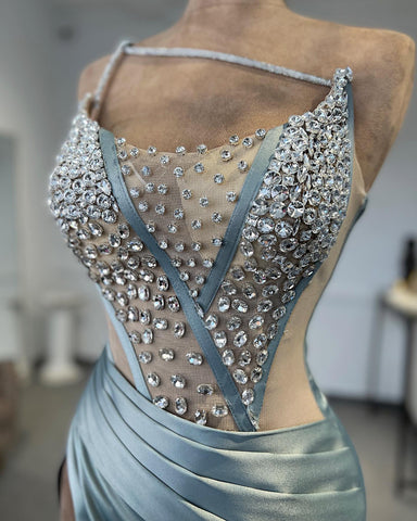 Charming Column One Shoulder Sleeveless Rhinestone Tulle Satin Split Front Prom Dress Beautiful Woman