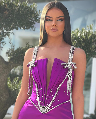 Charmante robe de bal longue sirène à bretelles et strass, longueur au sol, avec fente