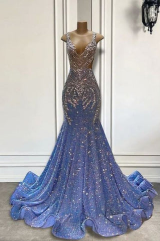 Encantador vestido de sirena sin mangas con cuello redondo y cristales brillantes para baile de graduación