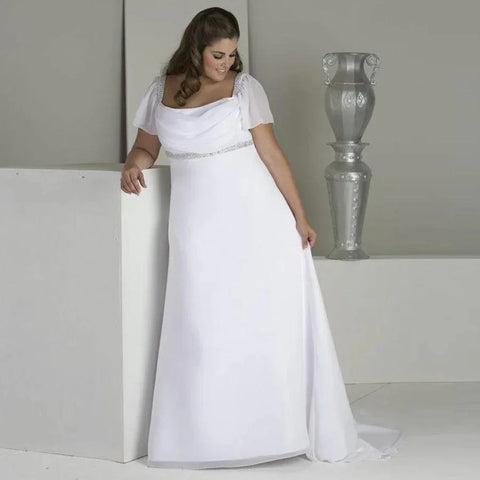 Robe de mariée grande taille à col carré, manches courtes, perles, paillettes, mousseline, robe de plage 
