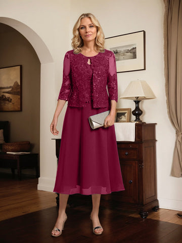 Vestido de novia de corte línea A, escote redondo, largo hasta la rodilla, de encaje y gasa con lentejuelas. 