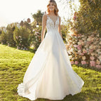 Chiffon Lace Bridal Dresses Deep V-Neck Wedding Gown A-Line Sleeveless robe de mariée bohème Buttons Backless Bride Custom Made