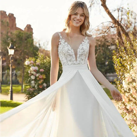 Chiffon Lace Bridal Dresses Deep V-Neck Wedding Gown A-Line Sleeveless robe de mariée bohème Buttons Backless Bride Custom Made