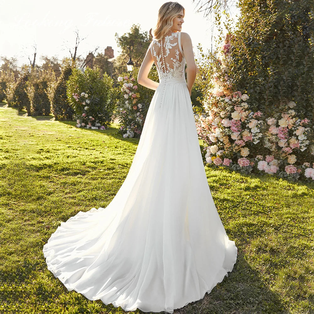 Chiffon Lace Bridal Dresses Deep V-Neck Wedding Gown A-Line Sleeveless robe de mariée bohème Buttons Backless Bride Custom Made