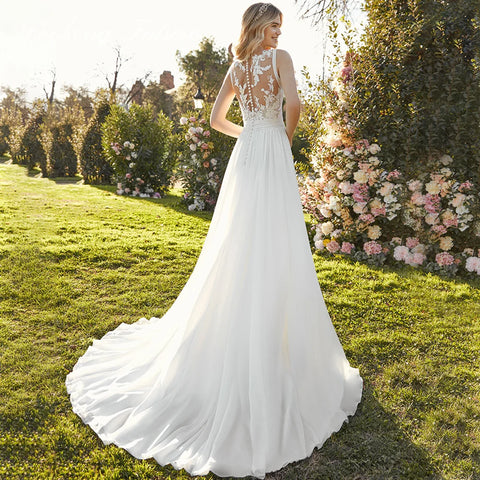 Chiffon Lace Bridal Dresses Deep V-Neck Wedding Gown A-Line Sleeveless robe de mariée bohème Buttons Backless Bride Custom Made