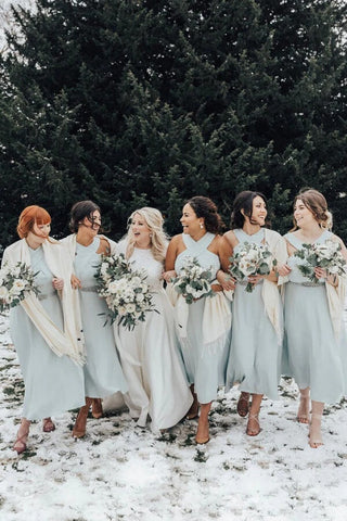 Chiffon A-line Halter Pleated Tea Length Sleeveless Bridesmaid Dresses