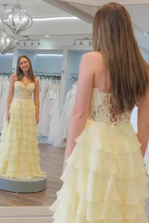 A-line Sweetheart Lace Appliques Prom Dresses With Ruffles